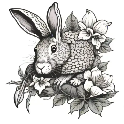 Rabbit, crawfish, falcon, nasturtium, magnolia, chef knife, tree roots tattoo design idea