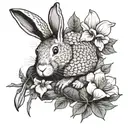Rabbit, crawfish, falcon, nasturtium, magnolia, chef knife, tree roots tattoo design idea
