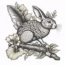 Rabbit, crawfish, falcon, nasturtium, magnolia, chef knife, tree roots tattoo design idea