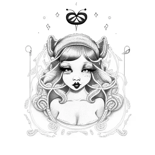 A whimsical tattoo of Melanie Martinez surrounded by musical notes and crochet needles. tattoo design idea
