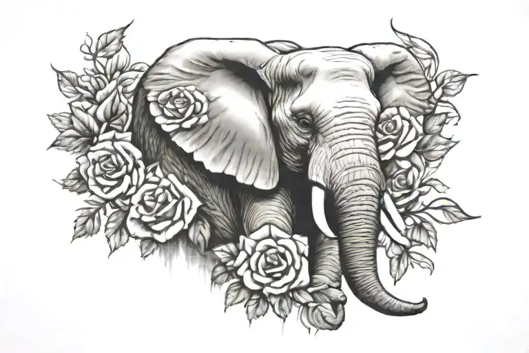 elephant and roses surrounded tattoo design idea
