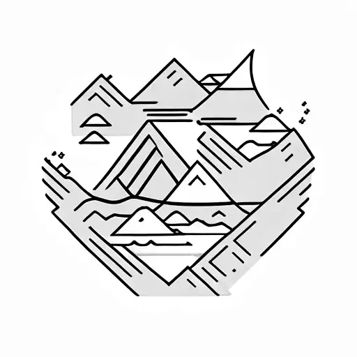 A minimalist tattoo of a Lego brick floating in a river surrounded by mountains tattoo design idea