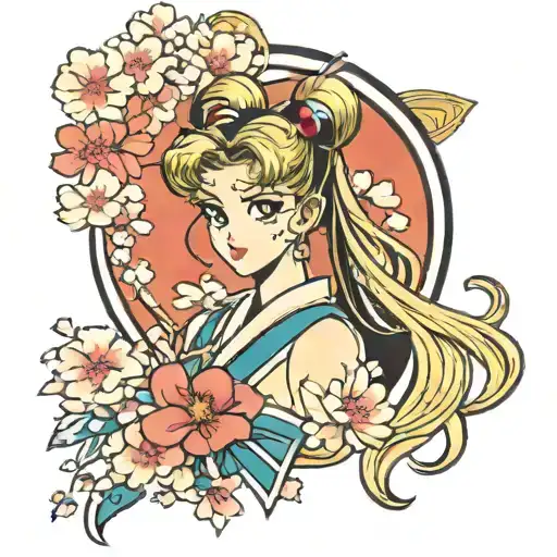 Sailor Moon in a traditional Japanese kimono with cherry blossom petals floating around her tattoo design idea