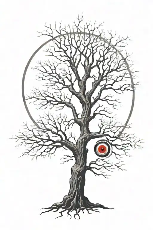 tree without leaves with sharingan eye behind it tattoo design idea