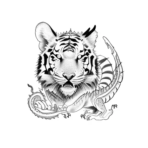 Arm sleeve design with a dragon covered with petunia with a mouse, tiger, and horse in the background tattoo design idea