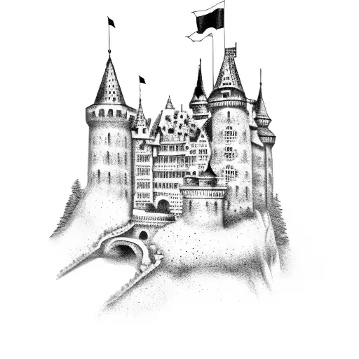 A dotwork tattoo of a German castle surrounded by coffee beans and wine glasses. tattoo design idea