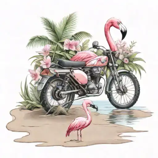 A serene beach scene with a flamingo standing in the water, surrounded by flowers and a motocross bike parked on the sand tattoo design idea