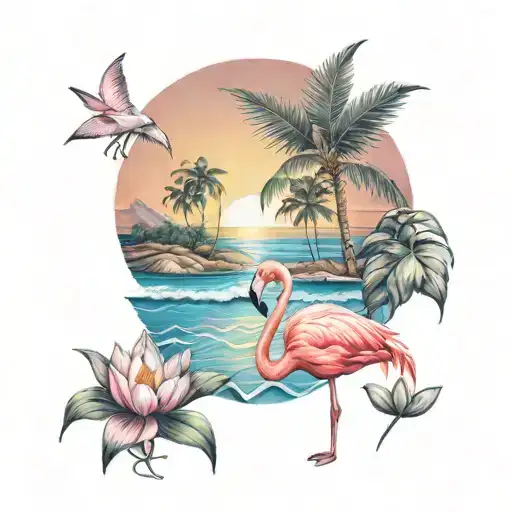 sunset on the sea lotus flower beach flamingo tattoo design idea