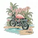 A serene beach scene with a flamingo standing in the water, surrounded by flowers and a motocross bike parked on the sand tattoo design idea
