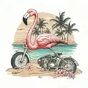 A serene beach scene with a flamingo standing in the water, surrounded by flowers and a motocross bike parked on the sand tattoo design idea