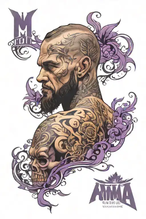 A Medium sized back tattoo For an MMA fighter with the last name Fisher with a mountain and mostly purple tattoo design idea