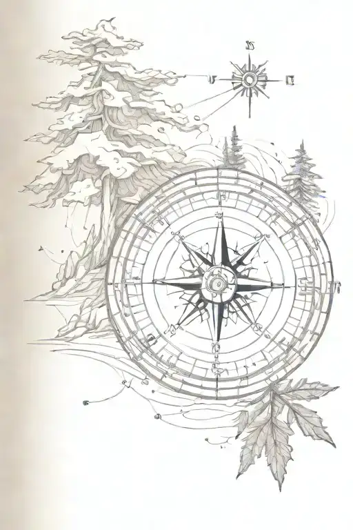 compass with pine tree pointing north tattoo design idea