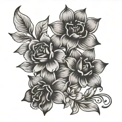 Four flowers: January, april, december, august, middle step says "Fletcher" in cursive  tattoo design idea
