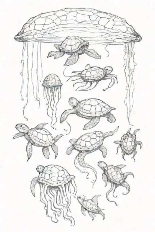 under water squid jelly fish and turtle  tattoo design idea