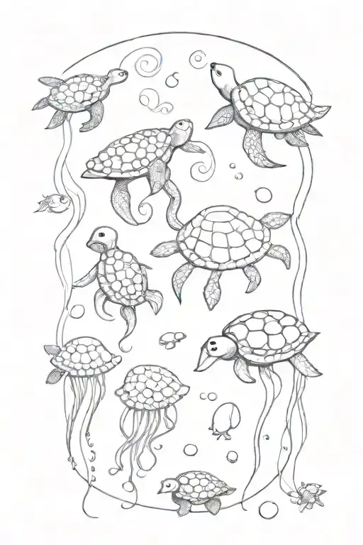 under water squid jelly fish and turtle  tattoo design idea