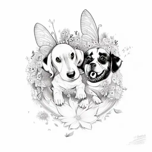 5 dogs that have fairy wings dancing in a flower garden tattoo design idea