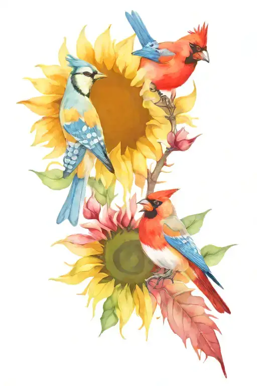 sunflower and blue jay and cardinal  tattoo design idea