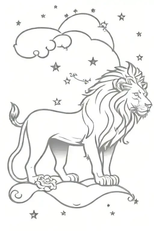 lion roaring, risk taker storm clouds, roses, stars tattoo design idea