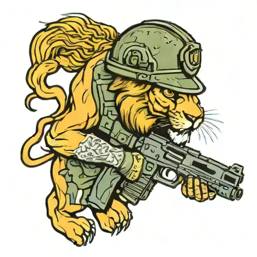 A lion wearing a military helmet and holding a gun in a new-school style tattoo design idea