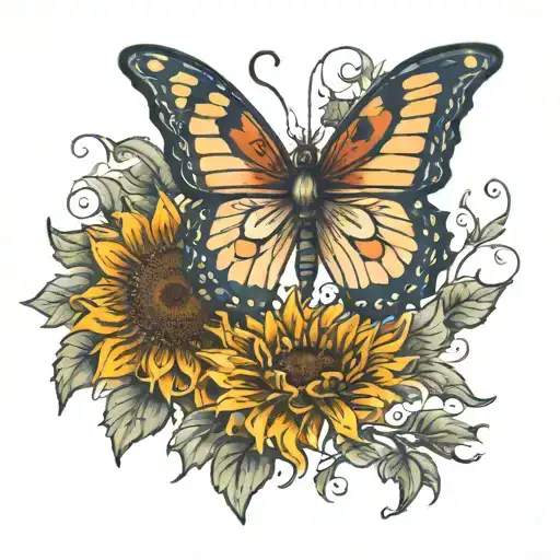 a butterfly with the body as a simi Colin with one wing as a sunflower  tattoo design idea