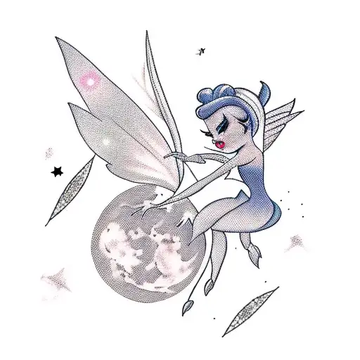 Tinker bell sitting on the moon with musical notes as stars tattoo design idea