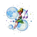 Tinker bell sitting on the moon with musical notes as stars tattoo design idea