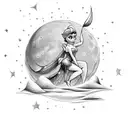Tinker bell sitting on the moon with musical notes as stars tattoo design idea