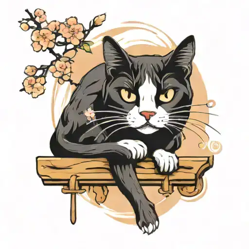 white and black cat on a wall with sakura looking out tattoo design idea