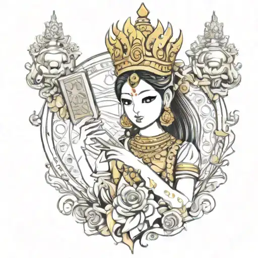 apsara with crown holding book tattoo design idea