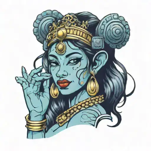 apsara with crown listening to music on the subway tattoo design idea