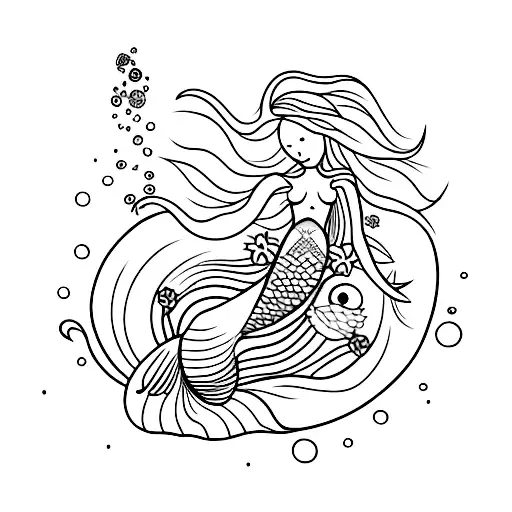 A mermaid sitting on a shell with flowers in her hair and a stingray swimming below, surrounded by waves tattoo design idea