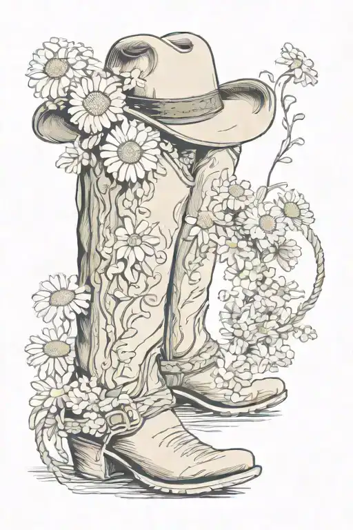 A pair of cowboy boots with a hat and rope and daisies and chrysanthemums coming out of the top of the boots  tattoo design idea