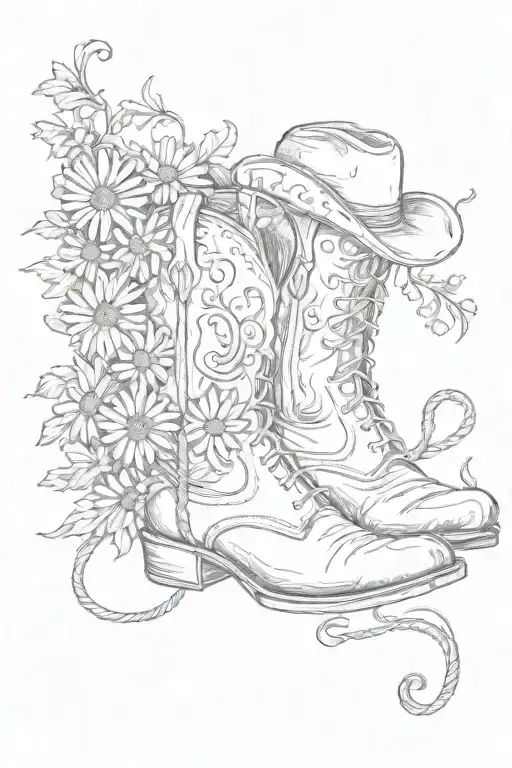 A pair of cowboy boots that have daisies and chrysanthemums growing out of the boot with a hat and rope  tattoo design idea