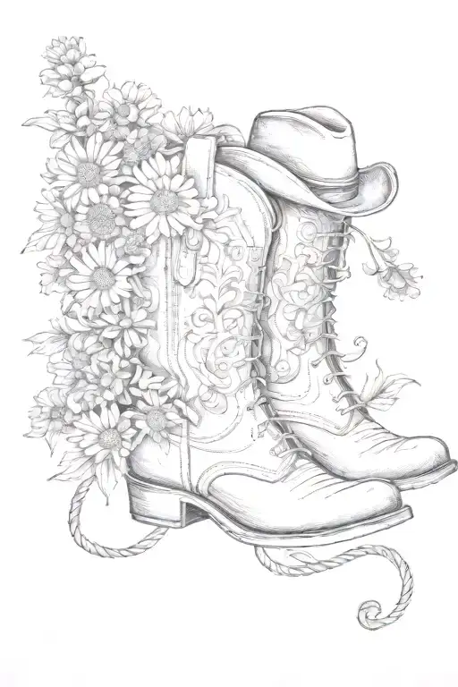 A pair of cowboy boots that have daisies and chrysanthemums growing out of the boot with a hat and rope  tattoo design idea