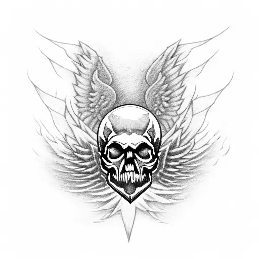 A skull with wings made of guitar strings, surrounded by flames and adorned with jiu jitsu symbols. tattoo design idea