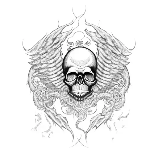 A skull with wings made of guitar strings, surrounded by flames and adorned with jiu jitsu symbols. tattoo design idea