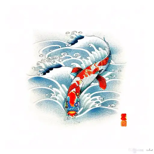 Koi fish with waves japanese style tattoo design idea