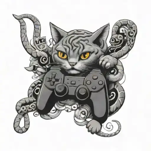 A tattoo design of a cat playing a video game controller surrounded by snakes and spiders, incorporating elements of Japanese and South Korean culture, in a black-grey style tattoo design idea