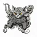 A tattoo design of a cat playing a video game controller surrounded by snakes and spiders, incorporating elements of Japanese and South Korean culture, in a black-grey style tattoo design idea