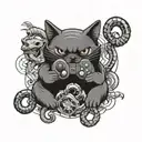 A tattoo design of a cat playing a video game controller surrounded by snakes and spiders, incorporating elements of Japanese and South Korean culture, in a black-grey style tattoo design idea