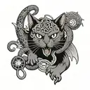 A tattoo design of a cat playing a video game controller surrounded by snakes and spiders, incorporating elements of Japanese and South Korean culture, in a black-grey style tattoo design idea