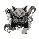 A tattoo design of a cat playing a video game controller surrounded by snakes and spiders, incorporating elements of Japanese and South Korean culture, in a black-grey style tattoo design idea