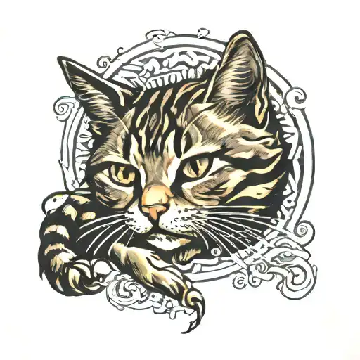 tabby cat curled tattoo design idea