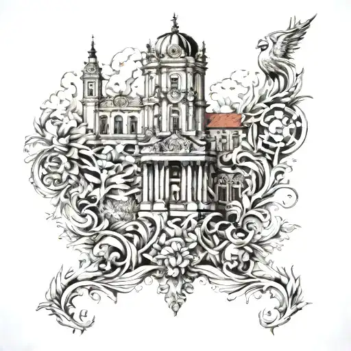 Create a forearm tattoo. It should show the Schlossplatz in Stuttgart and the Neckarstadion tattoo design idea