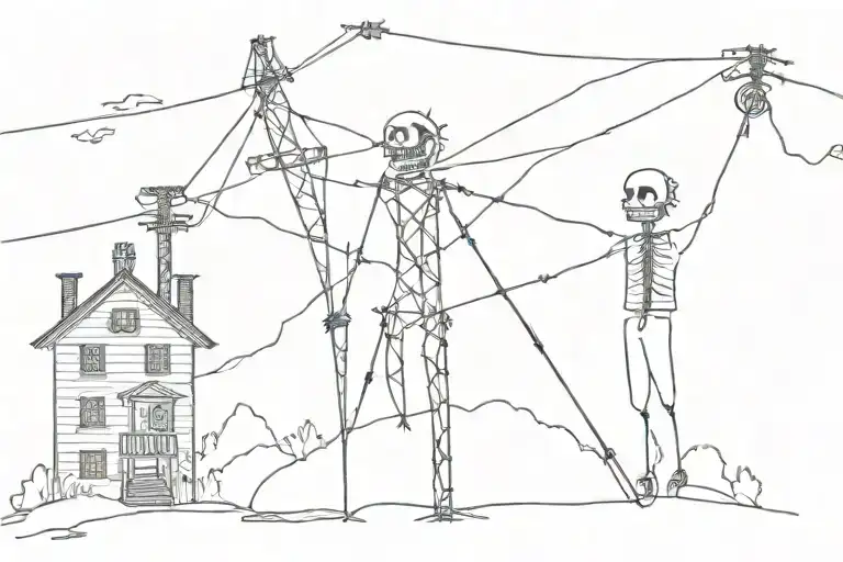 power line and haunted mansion surrounded tattoo design idea
