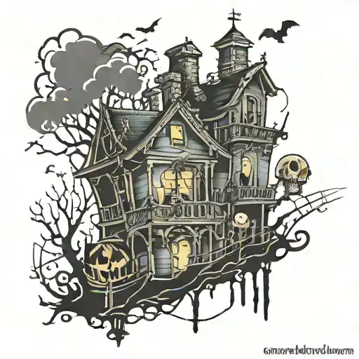 Haunted mansion and powerline dancing in front tattoo design idea