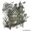 Haunted mansion and powerline dancing in front tattoo design idea