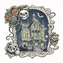 Haunted mansion and powerline dancing in front tattoo design idea