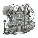 Haunted mansion and powerline dancing in front tattoo design idea