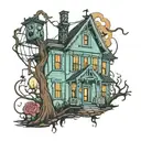 Haunted mansion and powerline dancing in front tattoo design idea